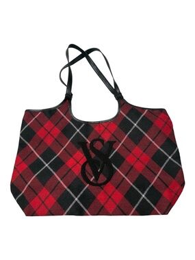 Victoria's Secret Tote Bag Red Black Plaid Large Shoulder Bag VS Logo